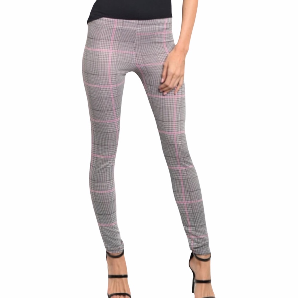 Black Pink White Houndstooth Print Skinny Pants